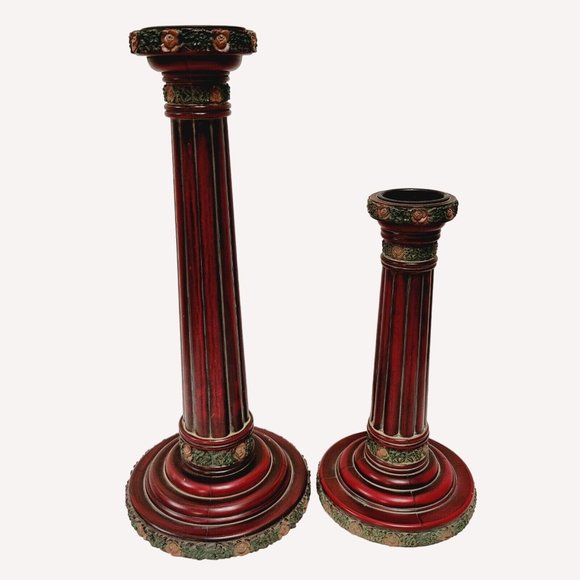 2 Vtg 1980s Maitland Smith Wood Lacquered Candle Holders Rose Greenery Rim Decor - Picture 1 of 13